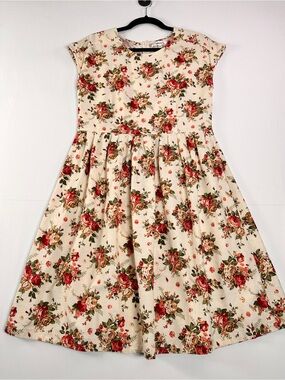 Pink Martini Cream Floral Fit and Flare Cottagecore Midi Dress Rose Print M